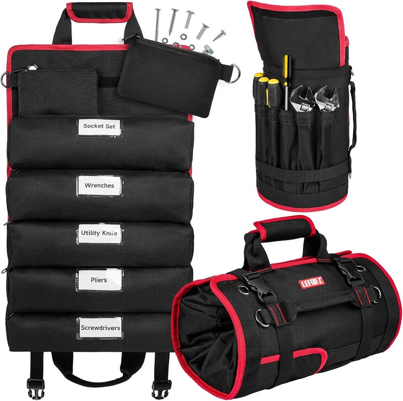LEFORZ Tool Bag,Large Roll Up Tool Bag Organizer,13 Pockets Tool Roll Storage Pouch,Heavy Duty Portable Tool Storage Carrier Bag for Men,Mechanic,Electrician & Hobbyist,Black/Red - Image 1